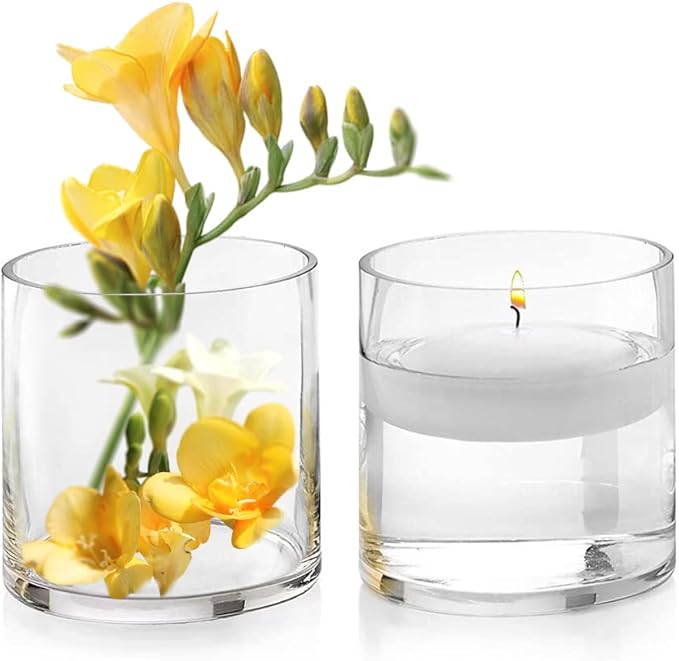 Enova Floral Set of 4 Clear Glass Cylinder Vase, 6W x 6H Inches Round Flowers Vase, Pillar Candle Floating Candle Holders Vase, Small Floral Glass Vase for Home Office Decor, Wedding Centerpiece