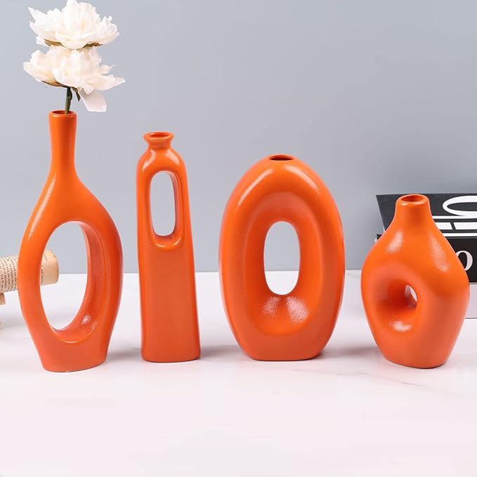 Orange Ceramic Vase Set of 4 - Round Hollow Boho Vases for Pampas Grass and Flowers Decor, Modern Minimalist Small Vases for Living Room, Bedroom, Fireplace, Coffee Table Decor and Centerpieces