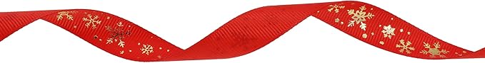 Gold Printing Snowflake Grosgrain Ribbon 25 Yard Each Roll 100% Polyester Woven Edge (5/8", Red)