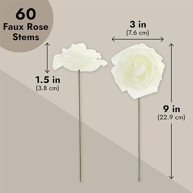 Bright Creations 3" Artificial Rose Flowers 60pcs Real Looking Fake Rose with Stem for DIY Wedding Bouquets and Bridal Shower, Cream