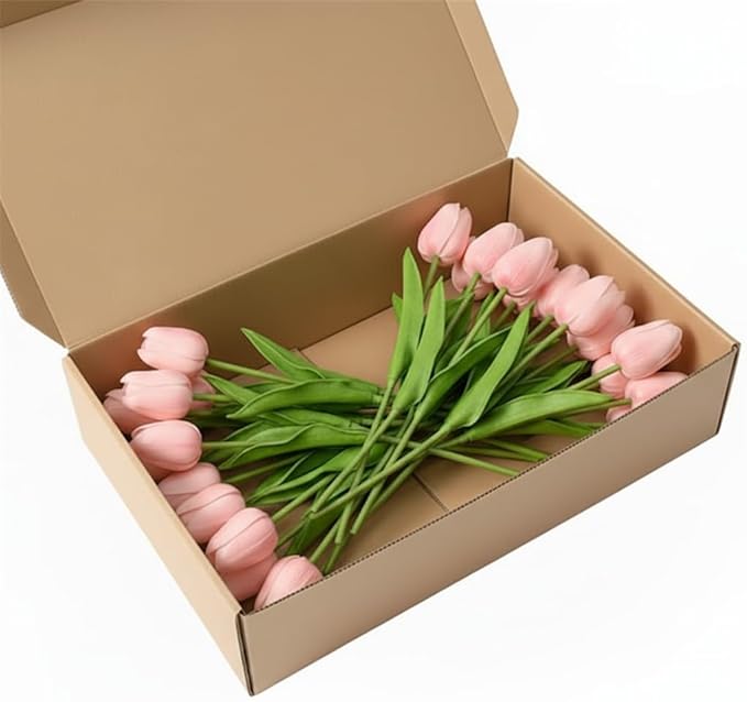 Pink Faux Tulips (20 Pcs) - Premium PU Artificial Flowers for Christmas & Thanksgiving Table Setting, Winter DIY Home Decor - 13.5" Real Touch