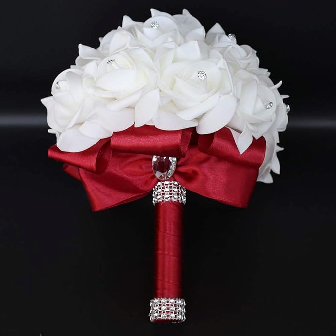 Wedding Bouquet, Wine Red Bouquet for Bride Bridesmaid with Diamond Soft Ribbons, Artificial Rose Bridal Holding Flowers for Party Church