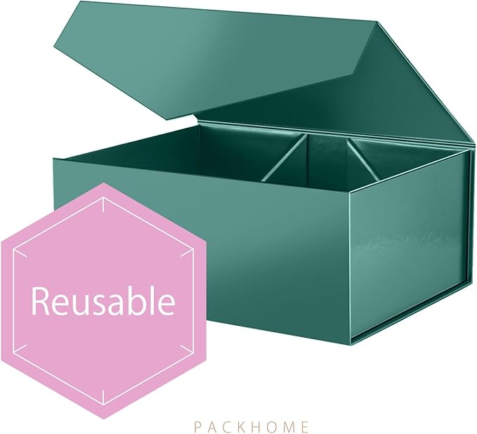 PACKHOME 6 Christmas Gift Boxes 9x6.5x3.8 Inches, Rectangle Collapsible Boxes with Magnetic Lids for Xmas Gift Packaging (Glossy Dark Green)