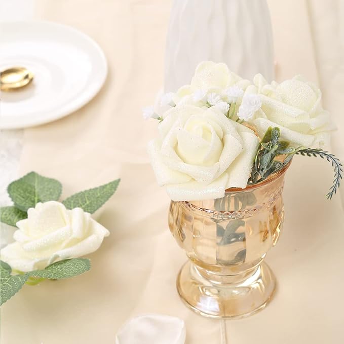 IPOPU Glitter Roses,50pcs Glitter Flowers Foam Rose with Stem for DIY Wedding Bridal Bouquet Home Party Christmas Decoration(Ivory)