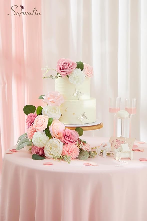 Serwalin Artificial Flowers Fake Silk Flowers for DIY Wedding Bouquets Cake Decoration Mixed Roses Combo Blush Pink and White Flower Centerpieces Arrangements for Party Table Chair Decor