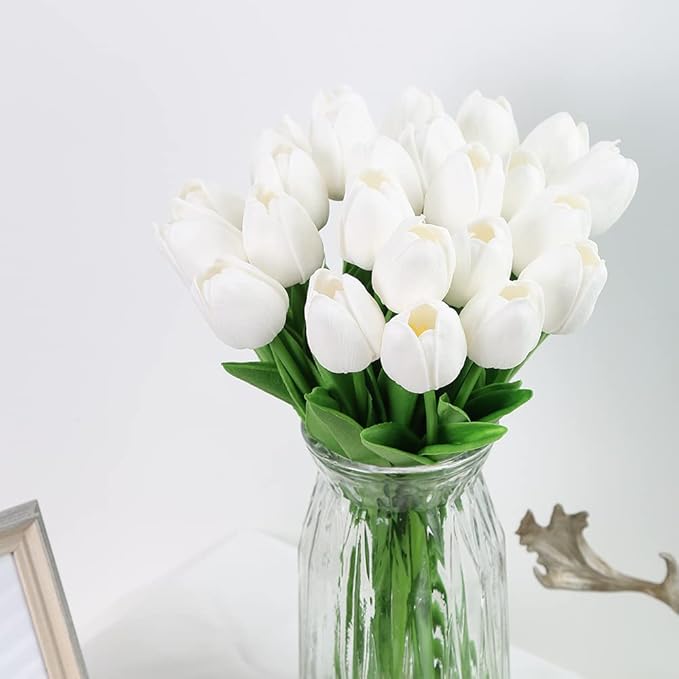 IPOPU 24PCS White Tulips Artificial Flowers Real Touch White Fake Tulips White Flowers Artificial for Decorations Centerpieces for Table Home Decor Indoor Flower Arrangements Artificial