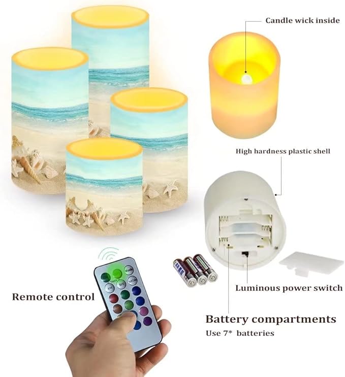 Flickering Flameless LED Pillar Candles with 18-Key Remote Battery Operated Color Changing Tea Lights Fake Candles, Set of 4, Beach Starfish Blue
