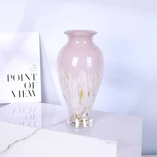 11.8" Tall Pink White Blown Glass Vase, Colorful Opaque Glass Vase, Unique Design Wide Mouth Art Decoration for Home, Living Room, Dining Table, Pampas Grass Decor (Pink White)