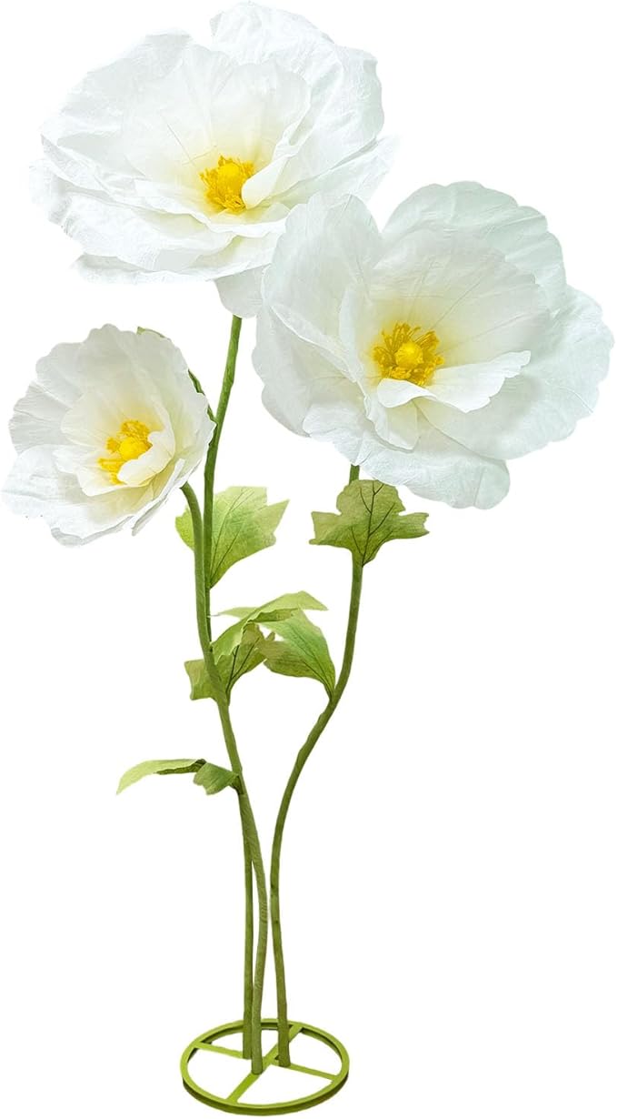 3Pcs Artificial Paper Flower Decoration, Large Fake Flowers with Standing Stems and Base, 3D Lifelike Giant Flower Home Decor, Wedding Background Decorate, Photography Props, Banquet (White)