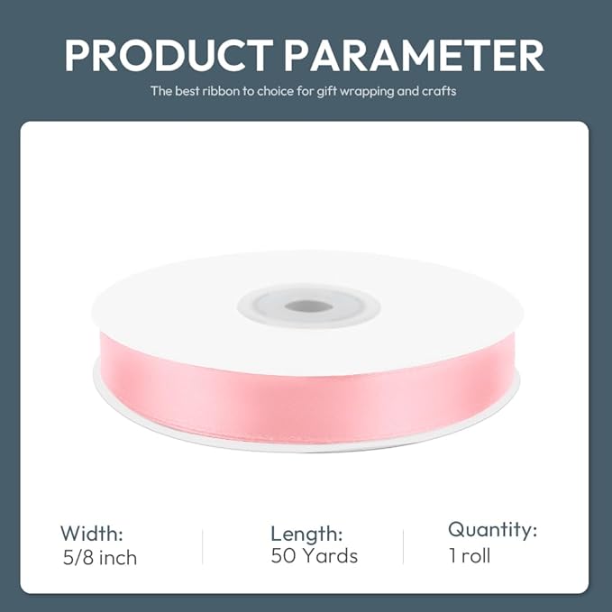 KMER LIFE 5/8" Wide x 50 Yards Pink Single Faced Polyester Satin Ribbon, Pink Satin Ribbon Perfect for Wedding Decor, Wreath, Crafts, Gift Wrapping & Other Projects (Pink)