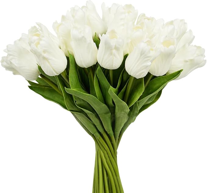 Melorca&Guilla Artificial Flowers,24Pcs 13.5inch White Tulips Fake Flowers,Real Touch Faux Flowers,Spring Décor Fake Tulips for Wedding Kitchen Shop Office Home Décor (24, White Tulip)