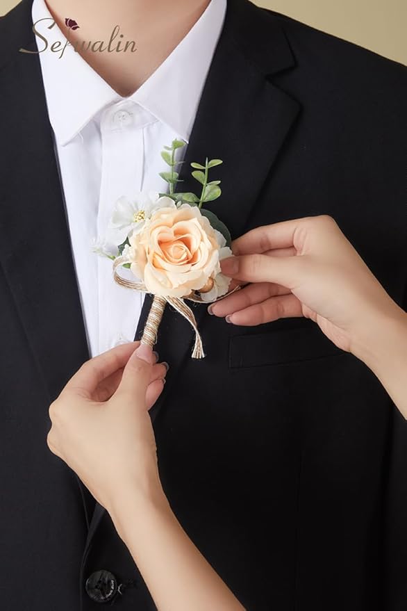 Serwalin 6PCS Champagne Rose Boutonniere for Men Wedding Groom Groomsmen Best Man Boutonniere for Wedding Ceremony Anniversary Prom Flowers Formal Dinner Party