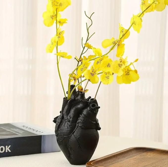 Heart Vase, Gothic Anatomical Resin Flower Pot Desktop, Human Heart Organ Shape for Dried Flower Arrangement on The Dining Table、Desktop Living Room Decoration (Black)