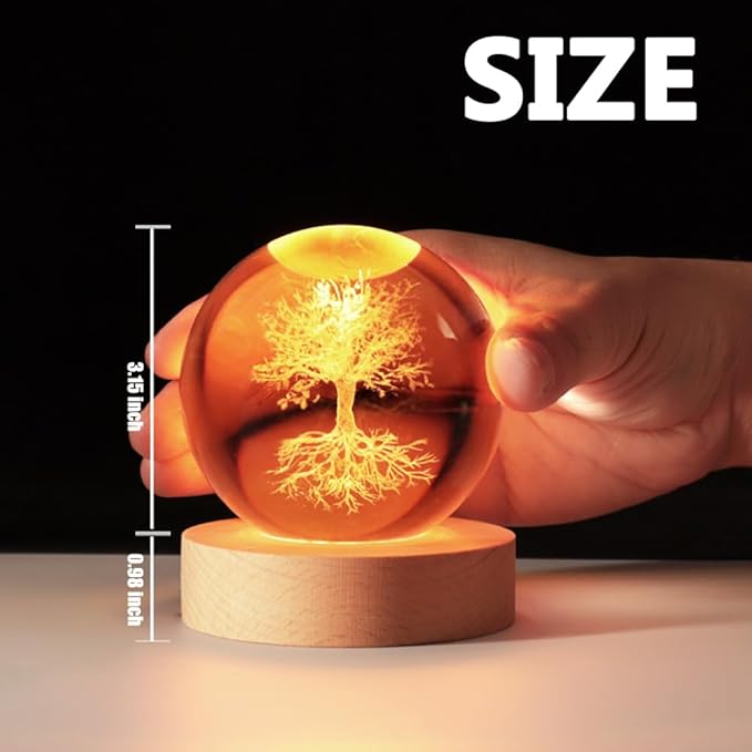 3.15In Tree of Life Crystal Ball Lamp with Wooden Base, 3D Crystal Ball Night Light, 16 Colors , Remote Controlled, Tree of Life Decor, Spiritual Gift for Women Christmas Gifts for Family Men Friends