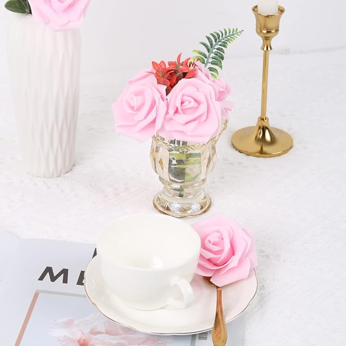 IPOPU Artificial Rose Flower Heads, 100pcs Real Looking Light Pink Foam Fake Roses for DIY Wedding Baby Shower Centerpieces Arrangements Party Tables Home Decorations (Light Pink, Stemless)