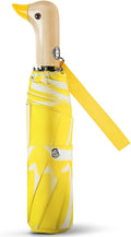 Cute Duck Umbrella Automatic - Compact Pretty Pocket Size Strong Duck Collapsible Umbrella Yellow Wooden Handle for Women