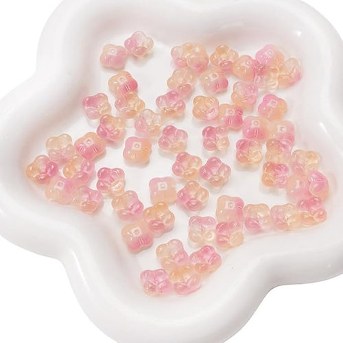 100PCS Glass Flower Beads for Jewelry Making 4 Petal Flower Bead Caps Gradient Cute Floral Beads Aesthetic Charms for Necklace Bracelets Earrings DIY Craft Home Decoration-Pink Yellow