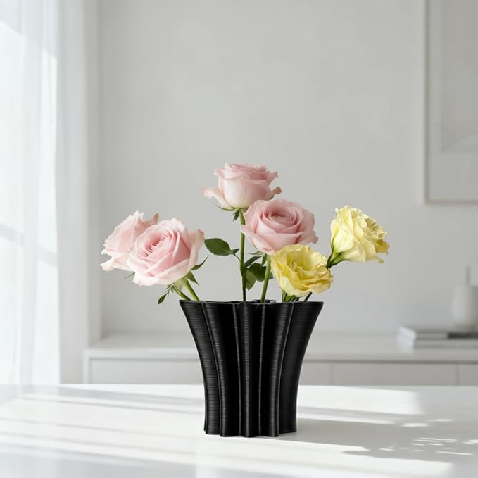 Contemporary Black Ceramic Vase, Abstract Irregular Shape Sculptural Accent for Home Decor, Modern Artistic Centerpiece for Coffee Table or Bookshelf