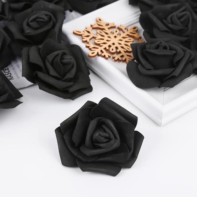 Artificial Rose Flower Heads, 100pcs Black Fake Roses Artificial Flower Foam Rose Heads for DIY Wedding Bouquets Centerpieces Arrangements Party Baby Shower Home Decor (Stemless, Black)