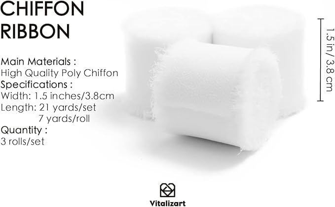 Vitalizart White Chiffon Silk Ribbon 1.5" x 21 Yd Handmade Frayed Edges Ribbons for Wedding Invitations Bridal Flower Bouquets Gifts Wrapping Crafts Holiday Decorations Off White