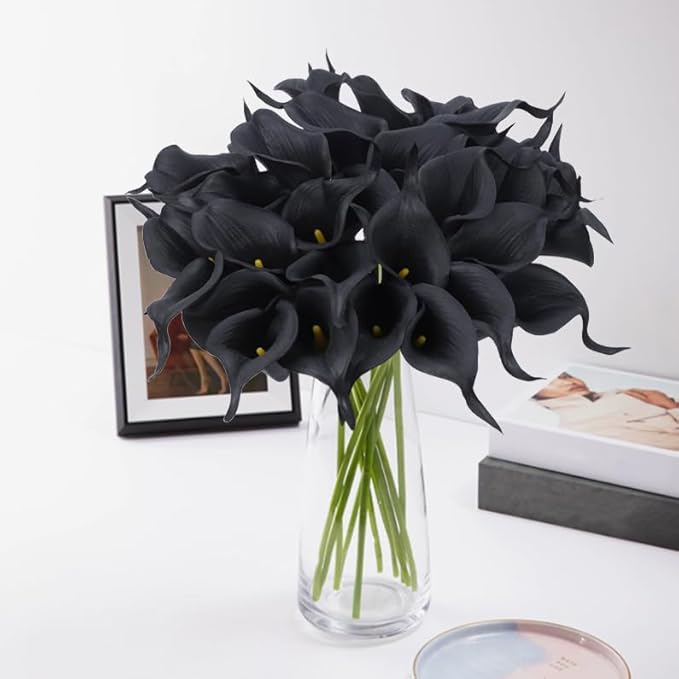 24 Pcs Black Artificial Calla Lily Flowers Fake Black Silk Flowers Real Touch for Wedding Bouquet Office Home Kitchen Decor