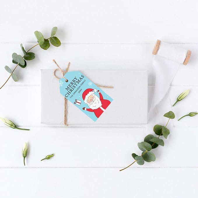 Andaz Press Personalized Christmas Holiday Season Classic Gift Tags, Merry Christmas Happy Santa Claus Design, Custom Family Name and Year, for Holiday Events, Parties, and Favors, 60-Pack