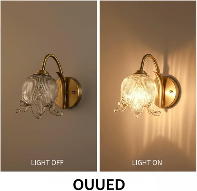Luxury Floral Brass Wall Sconce Lighting, Modern Lily Flower Art Glass Shade Light Fixture, Brushed Gold Finish Copper Accent Lamp Wall Light for Bedroom, Living Room, Dining Room Decor