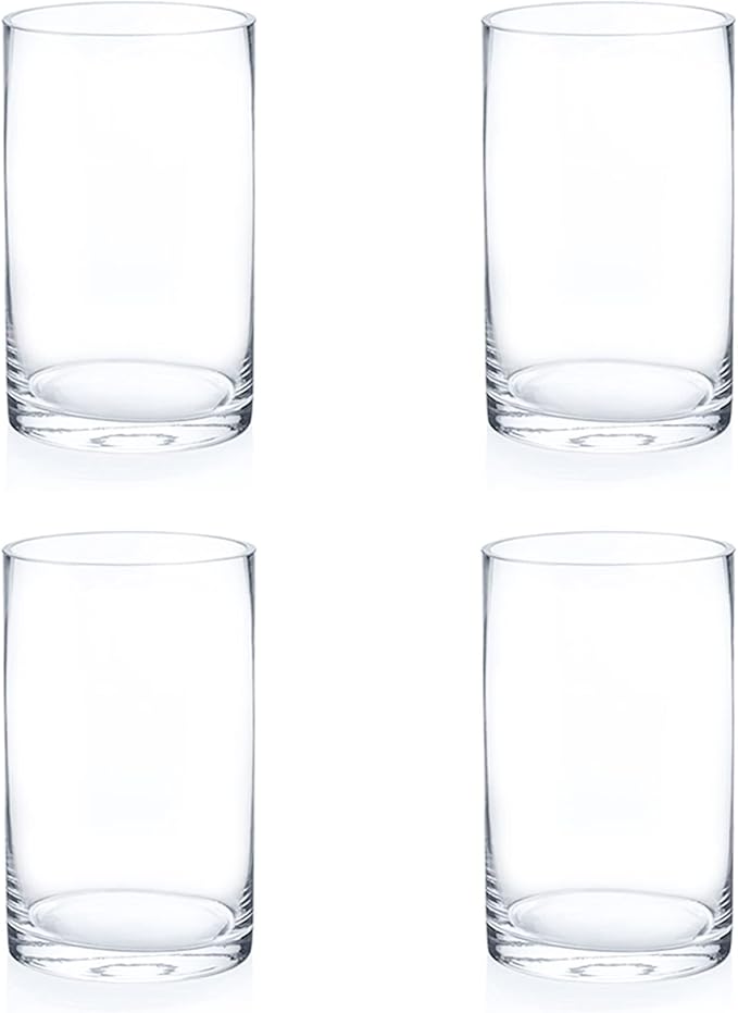 Enova Floral Set of 4 Clear Cylinder Glass Vase, 5W x 8H Inches Round Flowers Vase, Pillar Candle Floating Candle Holders, Floral Glass Vase for Home Office Decor, Wedding Centerpiece