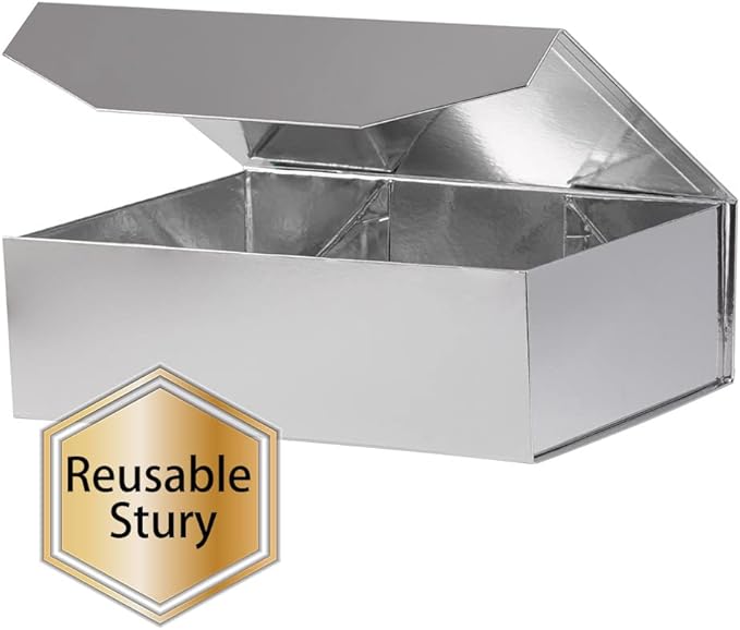 5 Silver Large Gift Boxes with Lid 13x9x4 Inches, Bridesmaid Proposal Boxes, Hard Collapsible Gift Box with Magnetic Closure, Groomsman Box Reusable Gift Boxes for Clothes (Glossy Silver)