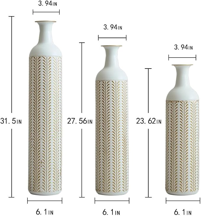 Floor Oversized Gold Metal Decorative Vase with 3D Triangle Pattern Set of 3 Large Vases for Home Living Room 33.5 ", 29.5 ", 25.2" High (Vintage White)