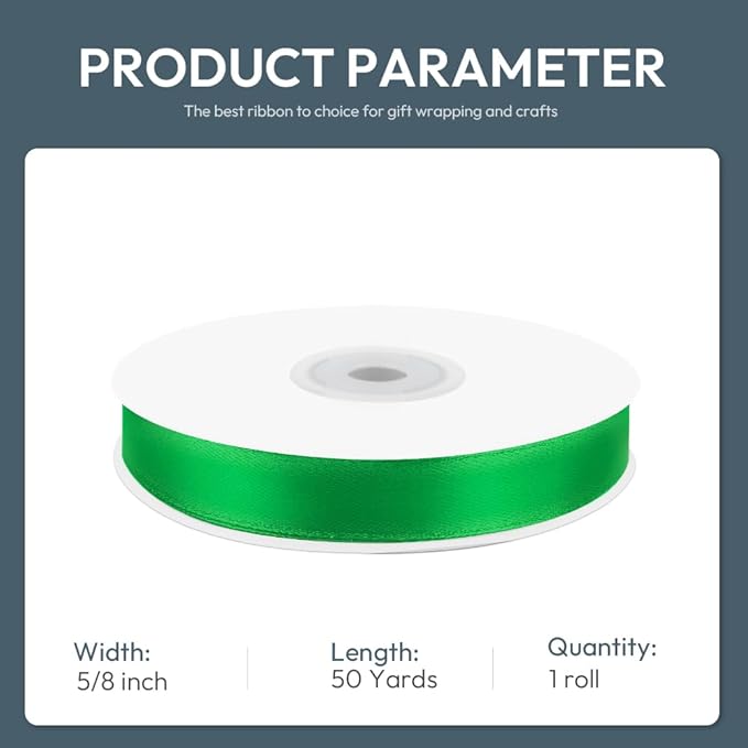 KMER LIFE 5/8" Wide x 50 Yards Green Polyester Satin Ribbon - Perfect for Wedding Decor, Wreaths, Crafts, Gift Wrapping & More