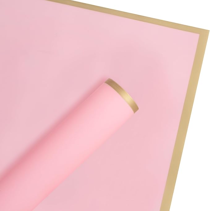 WRAPAHOLIC 20 Sheets Flower Wrapping Paper - 22.4 x 22.4 inch Gold Trim Pink Water-Resistant Floral Bouquet Wrapping Paper, Florist Supplies Packaging Paper for Wedding Birthday Gift DIY