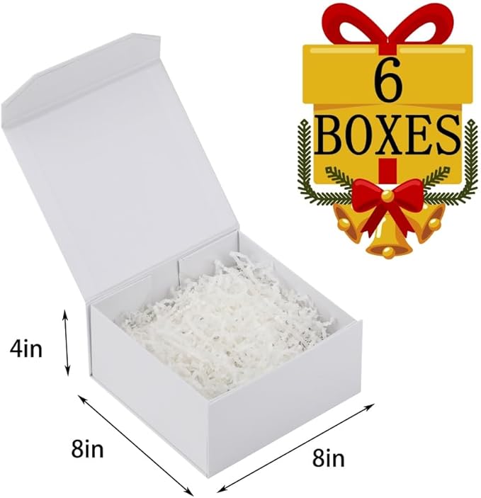 6 Pcs Small White Gift Box 8x8x4 Inch Magnetic Gift Box with Crinkle Paper Luxury Gift Boxes for Presents