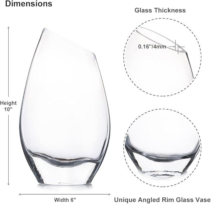 Enova Floral Unique Angled Rim Clear Glass Vase 6.0" W 10.0" H, Decorative Flower Vase for Home Decor Indoor, Wedding Centerpiece Event (1 Piece)