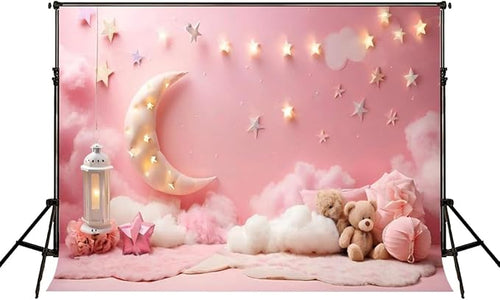 10x6.5ft Pink Cotton Cloud Backdrop Pink Flowers Moon and Stars Light Decor Cute Teddy Photography Background Children Baby Shower Backdrops for Shoot Photo Video Prop
