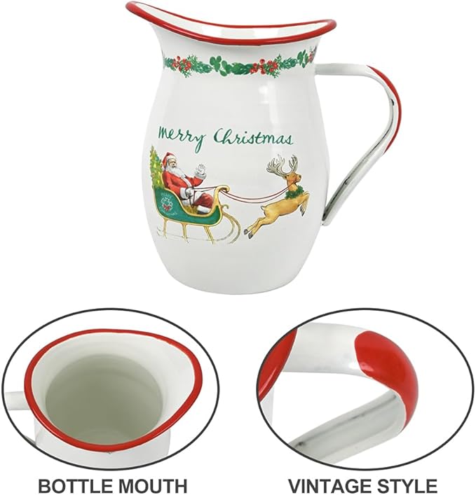 Festive Santa Claus Enamel Vintage Pitcher Vase for Flowers Christmas Decorations Xmas,7.9" L x 5.3" W x 7.5" H Rustic Pitcher Vase,Farmhouse Decor for Kitchen Table Centerpiece,Living Room,Bedroom
