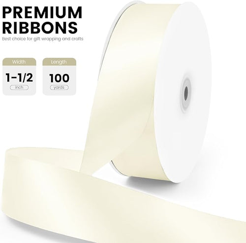 1-1/2" x 100 Yards Satin Ribbon - Ivory Silk Ribbon with Spool - Ideal for Gift Wrapping, Floral Bouquets, Crafts, Wedding Party Decorations, Christmas and Sewing Projects