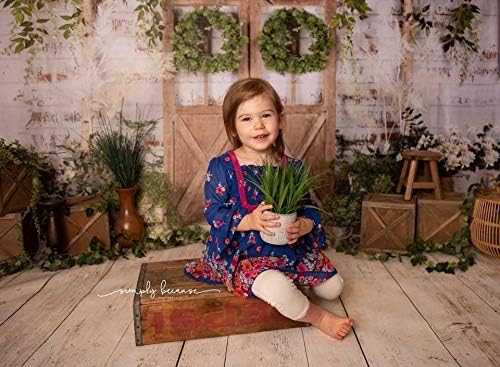 Kate Rustic White Painted Brick Wall Wood Door Photography Backdrops 7x5ft Spring Green Grass and Flowers Photo Backgrounds Baby Shower Backdrop Photoshoot Props