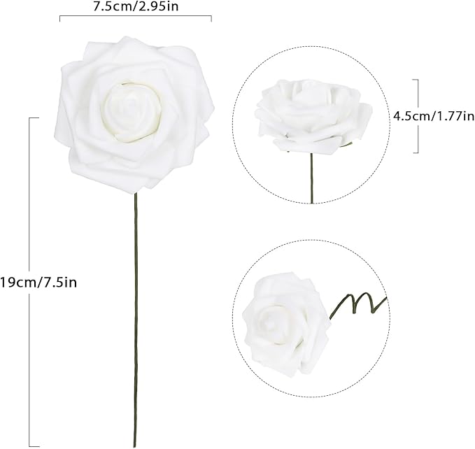 White Foam Roses 50PCS Artificial Flowers with Stems 2.95" White Artificial Roses Realistic Fake Roses Flowers for Baby Shower Centerpieces Wedding Bouquets Home Table Decor