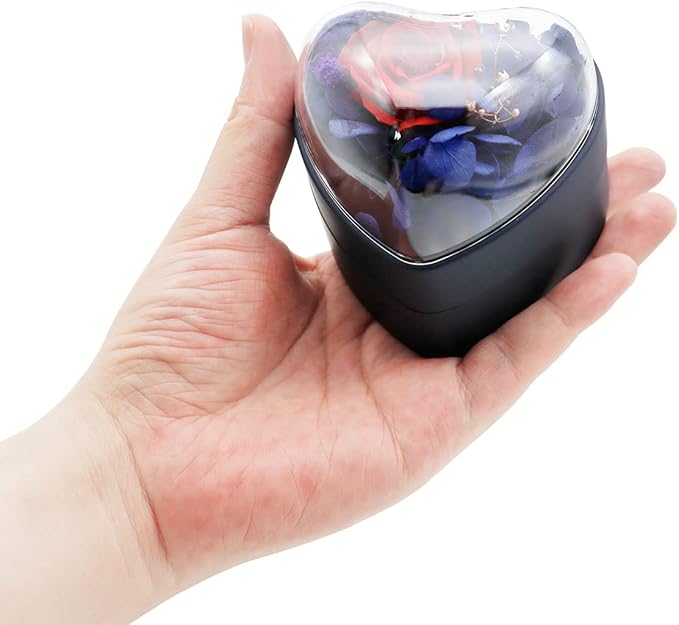 Preserved Flower Rose Ring Box, Heart Shape Velvet Jewelry Box for Valentine's Day Mother's Day Wedding Anniversary Birthday Gift, Dark Blue