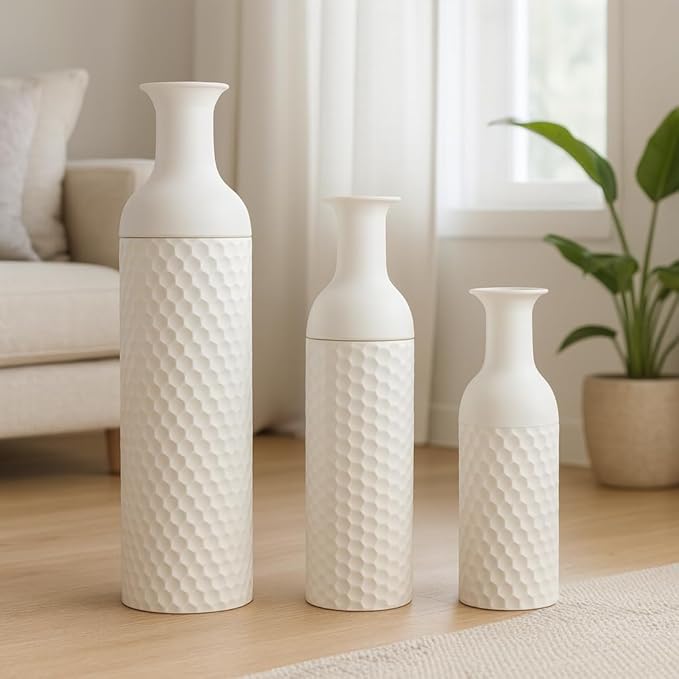 Leewadee Set of 3 Large Floor Vases – Decorative Tall Metal Vases in White (27/20/16 inches) – Elegant Home Decor for Stylish Interiors