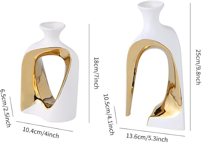 2 Pieces White Gold Ceramic vase Set Home Ceramic Decorative vase furnishings Abstract Decorative vase Office Centerpiece Decoration Suitable for Bookshelves, Fireplace