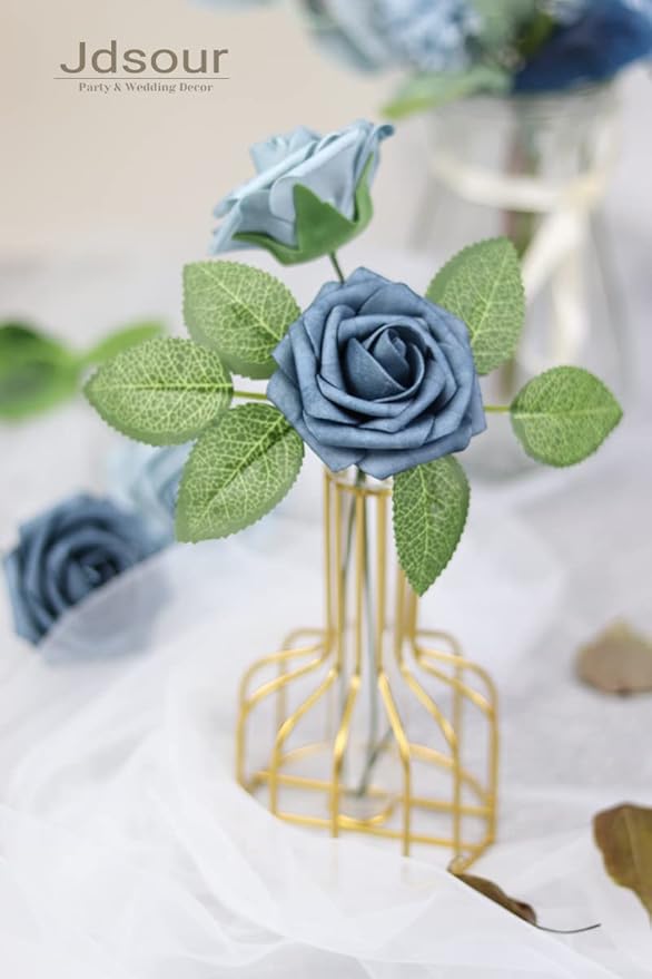 50pcs Artificial Flower，Real Touch Foam Roses w/Stem DIY for Wedding Bouquet Centerpieces Party Shower Home Decor-Dusty Blue Shades