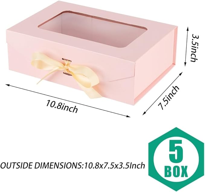 5 Pcs Pink Gift Box for Presents with Ribbon 10.8x7.5x3.5 Inches Clear Gift Box with Window Magnetic Closure Gift Boxes with Lids