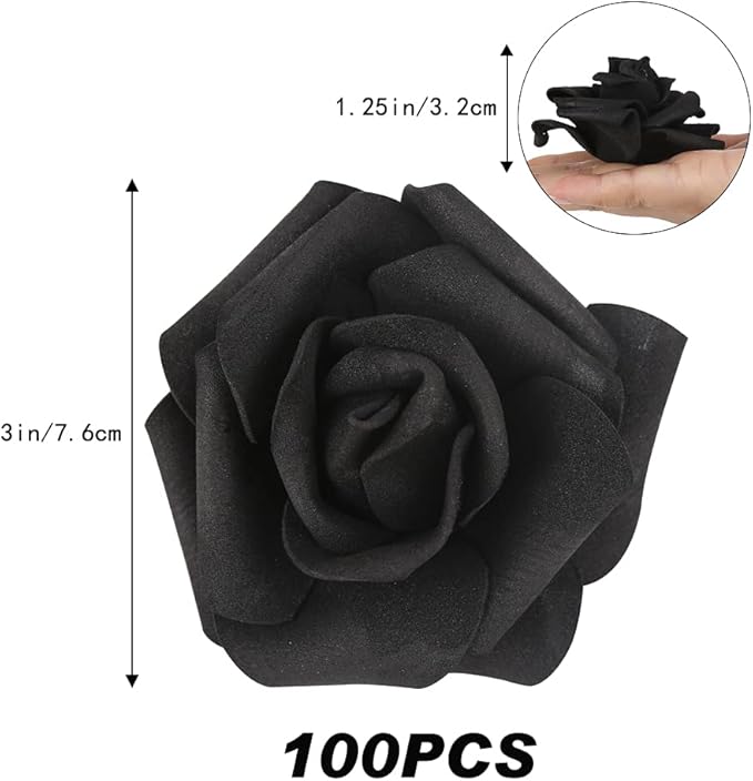 IPOPU Artificial Rose Flower Heads, 100 Pcs Real Looking Black Foam Fake Roses for DIY Wedding Baby Shower Centerpieces Arrangements Party Tables Home Decorations (Black, Stemless)