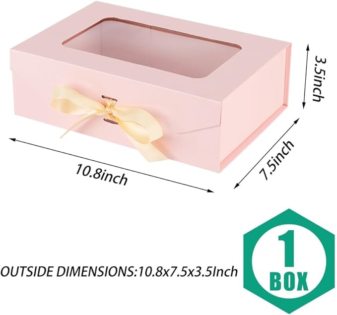 Pink Gift Box for Presents with Ribbon 10.8x7.5x3.5 Inches Clear Gift Box with Window Magnetic Closure Gift Boxes with Lids