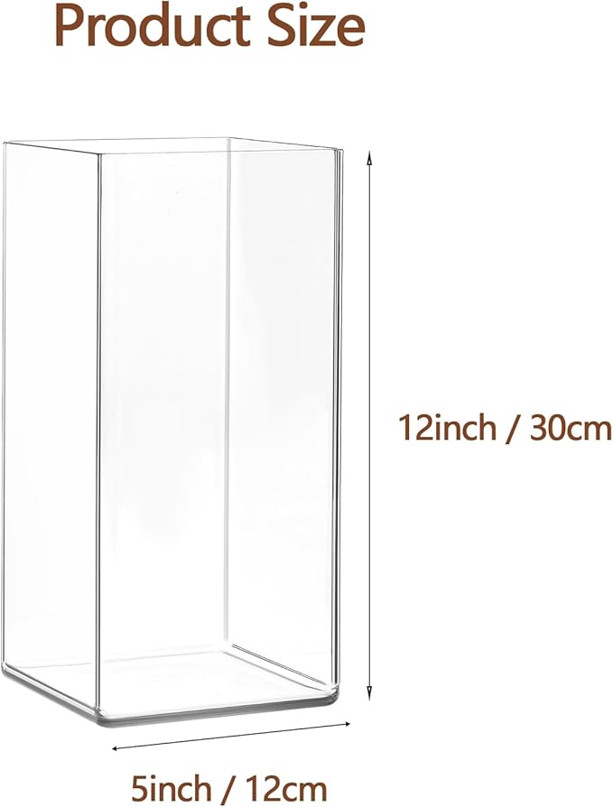 Acrylic Square Flower Vase, Non-breakable Vase, 5" x 5" x 12" Tall Clear Vases for Flower, Large Cube Floral Plant Container, Planter Terrarium for Wedding Party Event, Home Office Decor