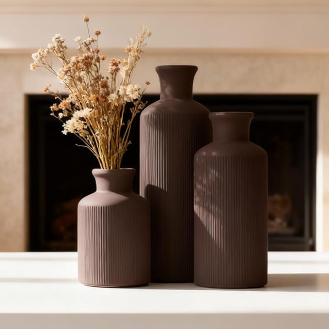 Brown Ceramic Vase Set of 3 – Small Flower Vases, Modern Farmhouse Boho Flower Vases for Home Decor, Rustic Pottery Vases for Centerpieces, Living Room, Shelf, Fireplace, Entryway Decor, Table