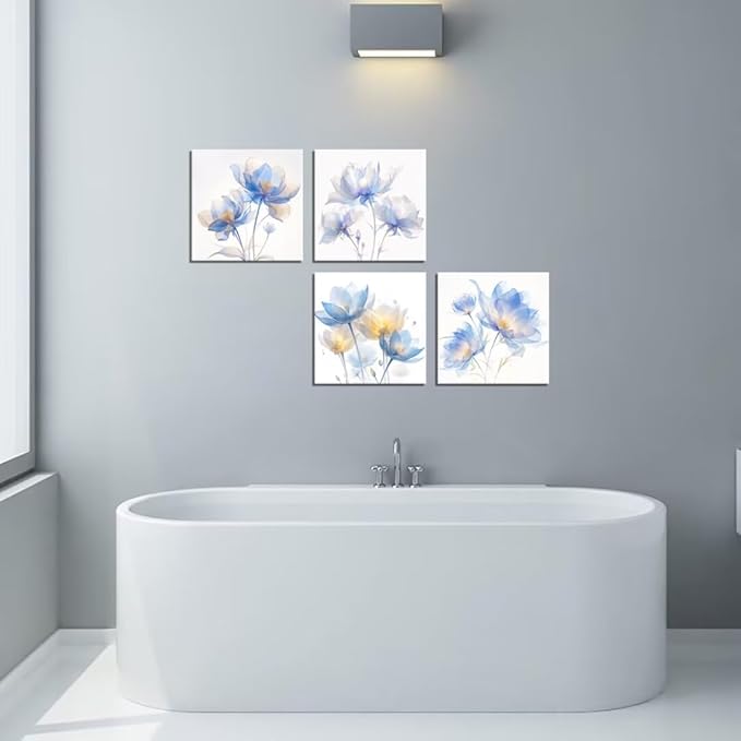 Pankila Blue Flickering Flower Abstract Canvas Wall Art Floral Poster Modern Flowers Pictures Wall Decor for Living Room Bedroom Bathroom Home Decorations Framed Artwork (24''W x 24''H x 4)