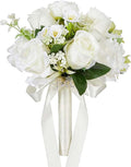 CYANLUX Wedding Bouquets for Bride Bridesmaid Bouquet Champagne White Artificial Roses Flowers for Wedding Valentine's Day Church Home Decoration… (White Rose)
